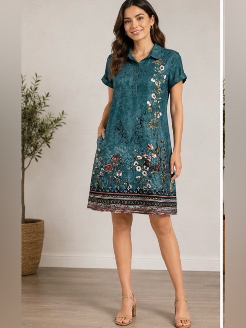 Green silk floral dress with beautiful floral pattern
